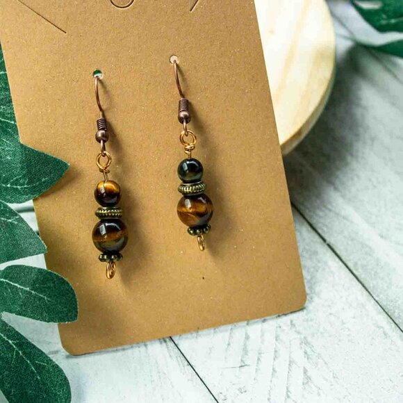 Tiger’s Eye Drop Earrings with Bronze and Copper Accents - Picture 5 of 11